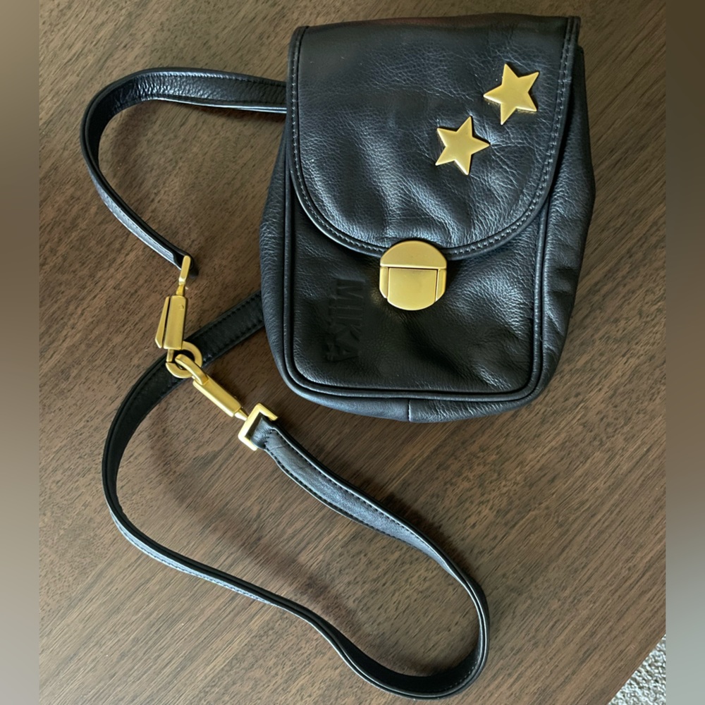 Vintage Y2K Genuine Soft Black Leather Crossbody Bag with stars by MIKA Deja Vu